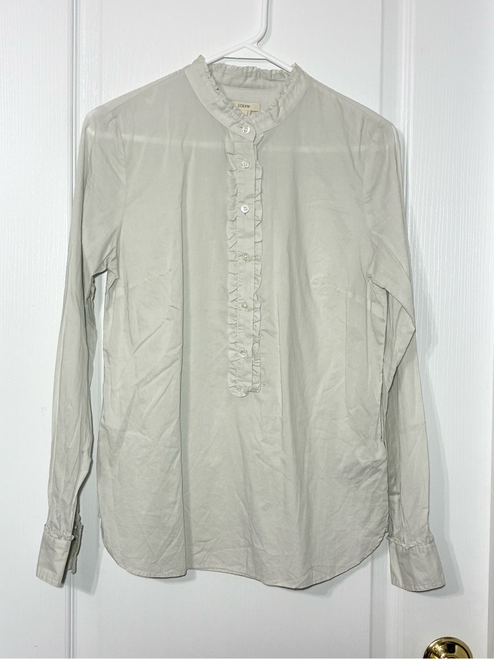 Y2K J.Crew Ruffle Trim Stand Up Collar Long Sleeve Cotton Blouse White Small